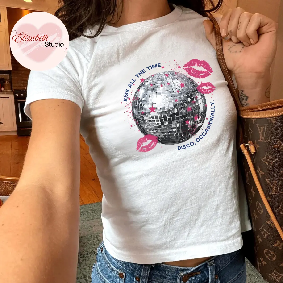 Kiss All The Time Disco Occasionally Baby Tee, Retro Disco Ball Graphic Fitted Tee, Funny Party Quote Shirt, Y2K Aesthetic Top