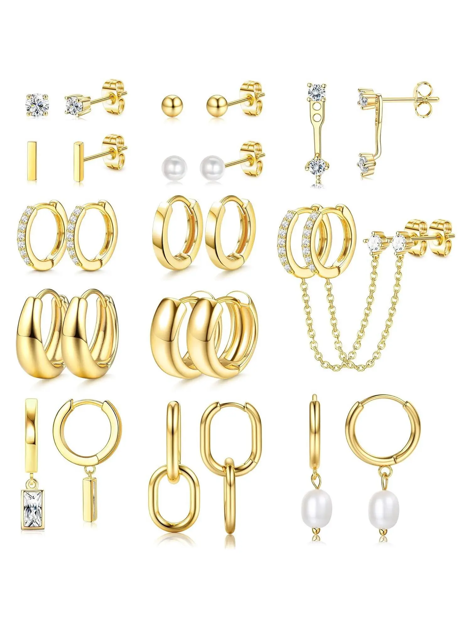 13 Pairs 14K Gold Small Hoop Earrings Set Tiny Huggie Hoops, Pearl Studs, Hypoallergenic & Lightweight Perfect Gift for Women & Girls, High Quality Earrings, Huggie Earring Pack, Earrings Jewelry