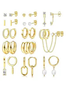13 Pairs 14K Gold Small Hoop Earrings Set Tiny Huggie Hoops, Pearl Studs, Hypoallergenic & Lightweight Perfect Gift for Women & Girls
