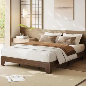 10 Inch Natural Walnut Full Size Wooden Platform Bed, Minimalist Slat Support Bed Frame Easy Assembly
