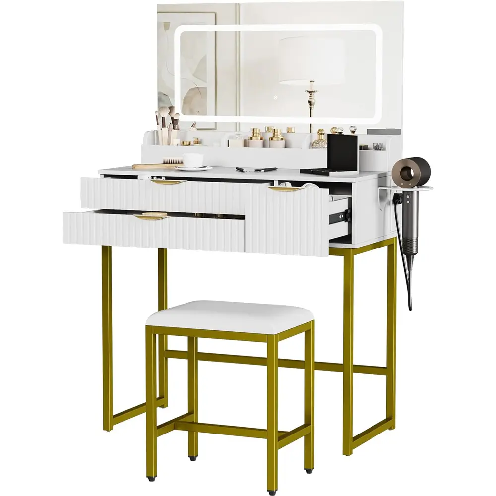 Modern Fluted Makeup Vanity Desk Set with Lighted Mirror, Touch-Adjustable Lights, Stool, Power Outlet, 3 Drawers, 3 Storage Shelves – for Girls, Teens, Dorm Bedroom Vanity Organization, Glam