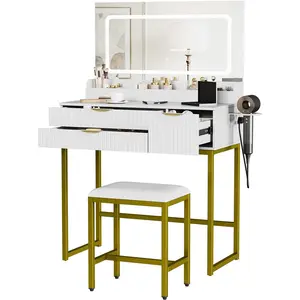Fluted Makeup Vanity Desk with Large Mirror, Adjustment Touch Lights & Stool, Small Vanity Table with Power Outlet, 3 Drawers and 3 Storage Shelves, Modern Dressing Table Set for Bedroom