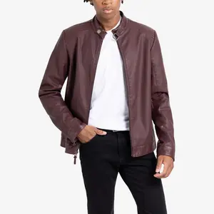 X RAY Men's PU Racer Jacket With Faux Shearling Lining in BURGUNDY Size L