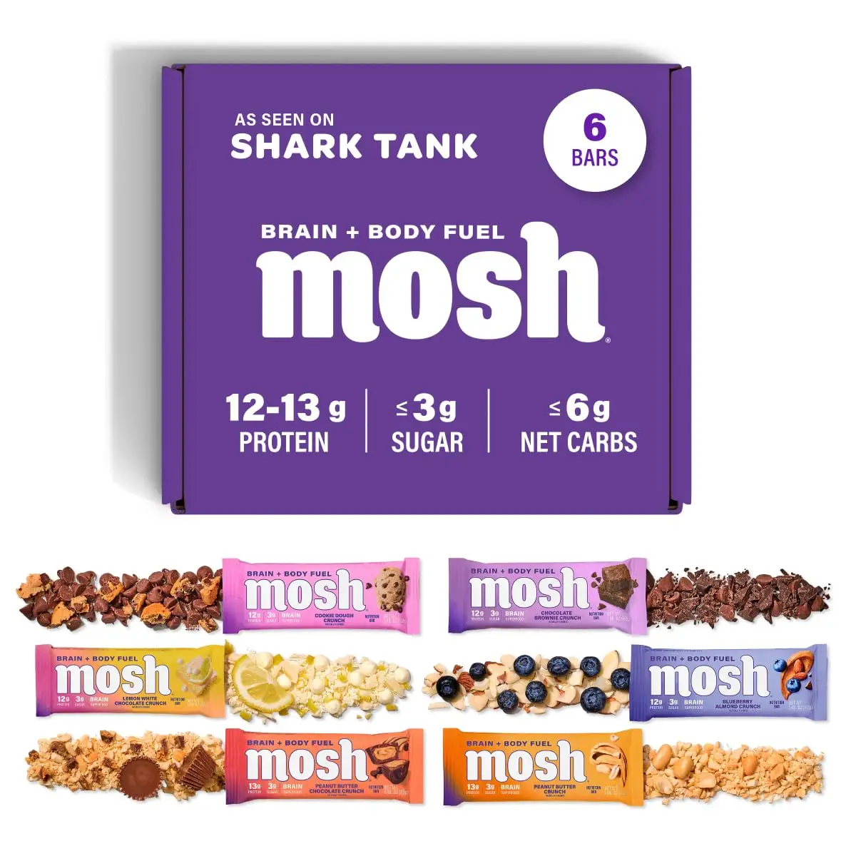 MOSH Protein Bars Shark Tank Bundle, 12g Grass-Fed Whey Protein, Gluten-Free, with Lion's Mane & B12 for Brain Health, 6-Pack Snack