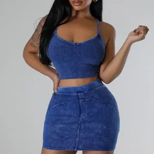 Women blue skirt top  Comfortable open back matching set Casual Fit