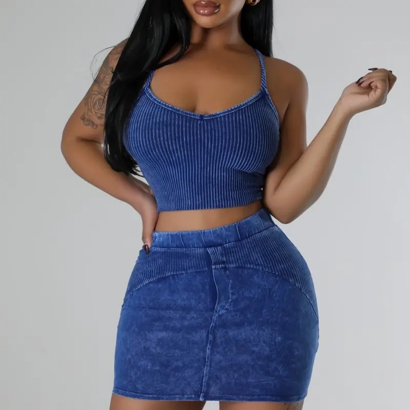 Women blue skirt top  Comfortable open back matching set Casual Fit