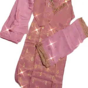 Indian Suit Casual Womenswear Comfort Long Sleeve in Light Pink with Decorative Detailing for Summer Wear - Dress Soft Aesthetic Day Clothing Comfortable Style Overall Traditional