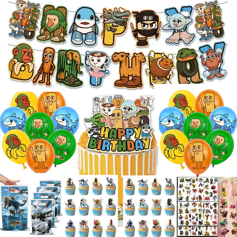 152pcs Eid al-Fitr "Shark in the Shoe" "Bombardiro Crocodilo" Themed Sahur & Birthday Party Decoration Set Includes Banner, Balloons, Cake Topper, Temporary Tattoos, Candy Bags (Party Theme)