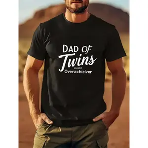 Men'S Funny Twin Dad T-Shirt - "Dad of Twins Overachiever" Print White Casual Short Sleeve Round Neck Tee - Father'S Day Gift for Twins Parents, Comfortable Summer Casual Attire, Funny Dad Apparel for Twin ' Dads - Geometric Pattern, Relaxed Fit, Breathab