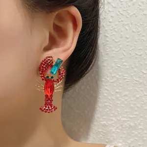 Rhinestone-studded lobster earrings, exaggerated and unique ear accessories
