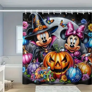 DISNEY CLASSIC Mickey & Minnie Mouse Cartoon Shower Curtain, No Drilling Required, Machine Washable, Comes with Hooks, Easy to Install, Ideal for Home Bathroom And Bathroom Decoration