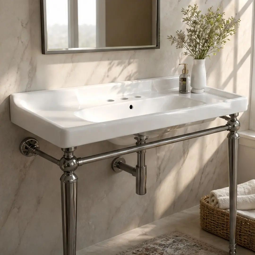 Modern 23" Wall-Mounted Rectangle Ceramic Bathroom Console Sink, White Vanity Basin with 3 Pre-Drilled Faucet Holes, Gold Stainless Steel Support Legs with Towel Bar, 50.30 lb, No Faucet/Sink Cover, 18.31" W x 22.64" D x 36.22" H, Overflow Guard