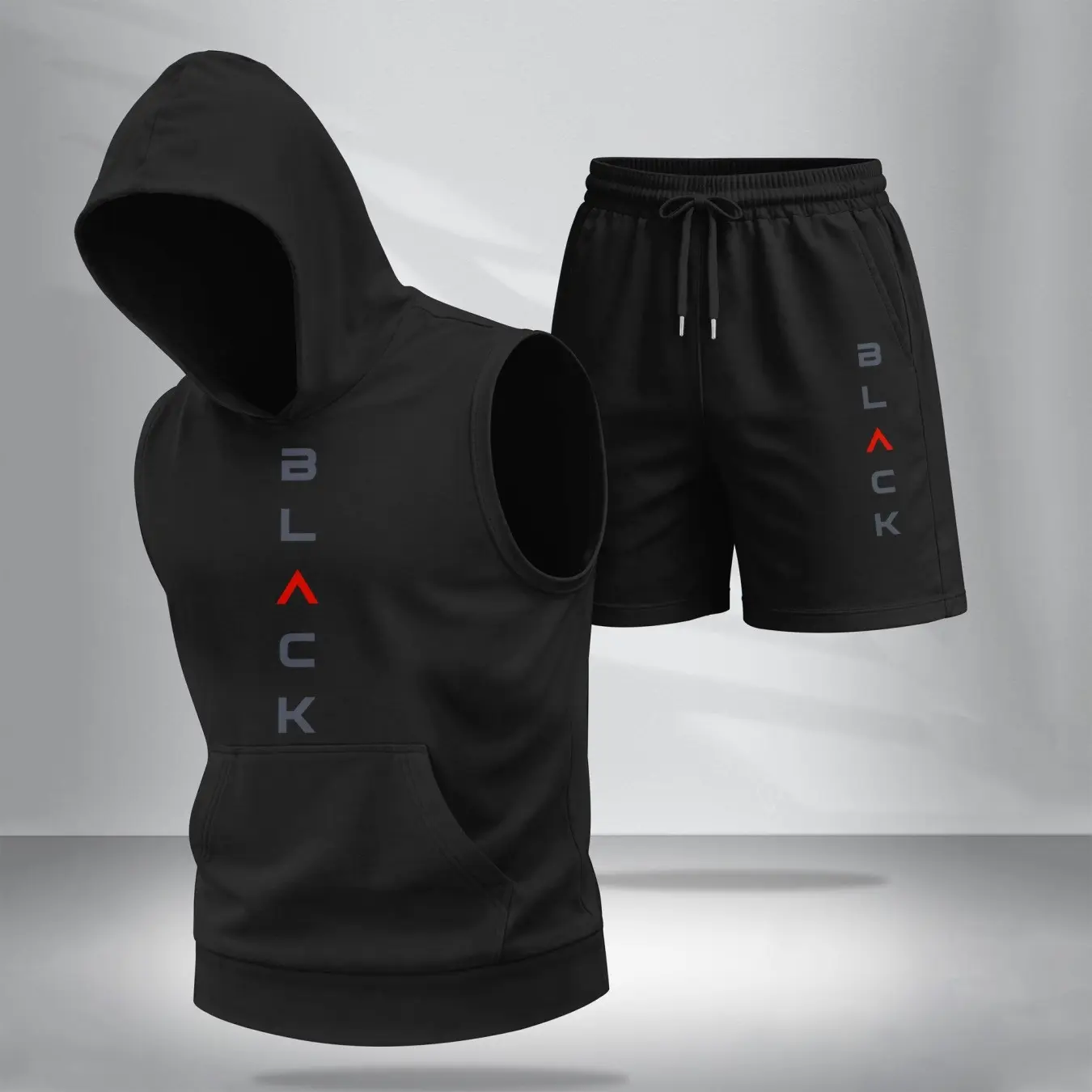 Men’s Sleeveless Hoodie & Shorts Set – “BLACK” Vertical Graphic Design, Casual Summer Streetwear, Regular Fit Two-Piece Tracksuit, Athletic Outdoor Activewear, TikTok Trending Summer Outfit