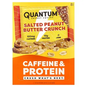 Quantum Energy Square Caffeine & Protein Bar, Salted Peanut Butter Crunch, 8 Bars, 1.69 oz (48 g) Each