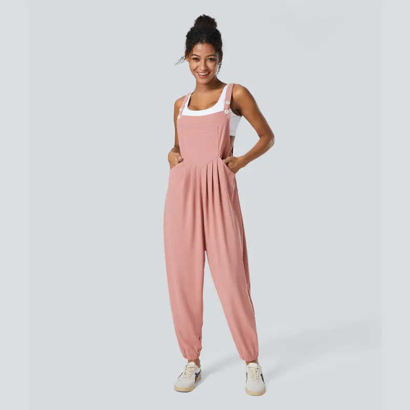 Halara Adjustable Strap Button Multiple Pockets Waffle Casual Jogger Overalls