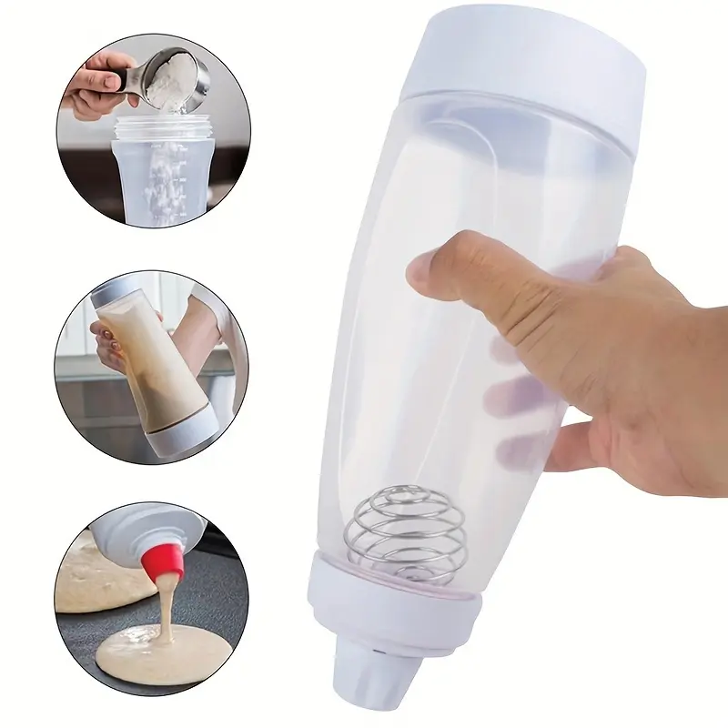 33 Oz Pancake Batter Mixer Dispenser Bottle , 1x Leak-Proof Cap with Squeeze Nozzle, Blender Balls, Graduated Lines, Non-Slip Base for Daily Dispensing of Cupcakes, Crepes, Ketchup, Kitchen Gadgets