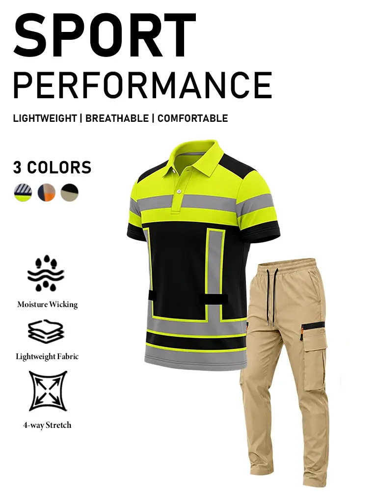 Men’s High-Visibility Construction Work Outfit 2 Pieces | Quick-Dry Moisture-Wicking Polo & Cargo Pants, Reflective Stripe Safety Workwear
