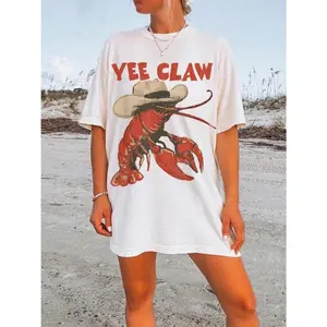 Women's Vintage Yee Claw Graphic T-Shirt, Western Lobster Print, Funny Coastal Cowgirl Top, 100% Combed Cotton Fabric, Smooth Essential Heavyweight Crewneck, USA-Made Casual Top for Southern Beach Summer, Lightweight