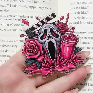 Pink Ghostface Movie Phone Grip - Melting Ghost with Roses and Pink Drink Stand, Aesthetic Gothic Glam Phone Socket for Women, Horror Fan Gift