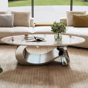 49.2" Faux Marble Oval Coffee Table, Contemporary Gray Stainless Steel Base, Modern Living Room Tables for Indoor Use
