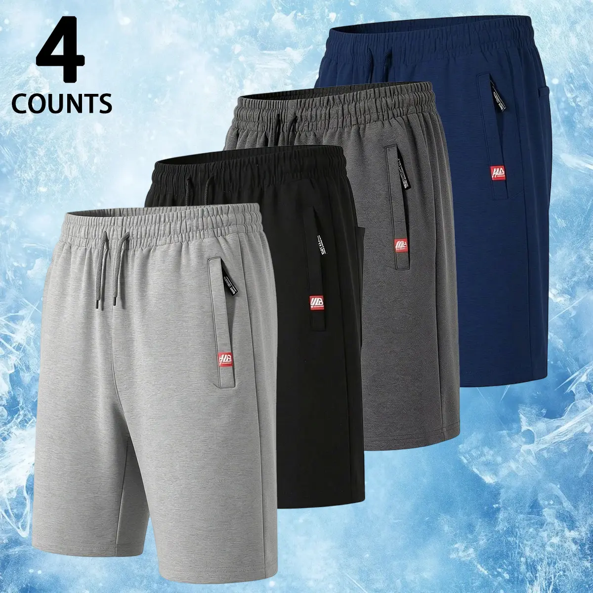 Men's 4-Pack Casual Sporty Elastics Ultra-Stretch Adjustable Sweat-Wicking Athletic Shorts, Ultra-Soft Breathable Fabric, Elastic Waist with Drawstring, Zipper Pockets with Red Logo, Perfect for Gym & Lounging, Elastics Men's Shorts, Sporty Men's Shorts