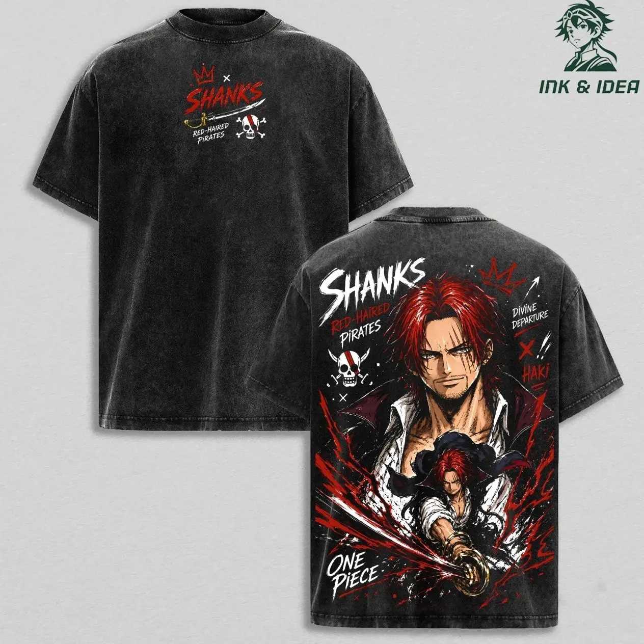 Shanks Divine Departure Vintage Washed Tee, Red-Haired Pirates Emperor Haki Anime Graphic Streetwear Shirt KRU