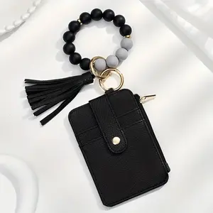 1pcs fashionable and minimalist style, featuring marble-patterned silicone beads handcrafted into a western cowboy bag, wrist keychain, women's wallet card holder, bracelet key ring, perfect gift for friends or mothers, card bag, and other gifts