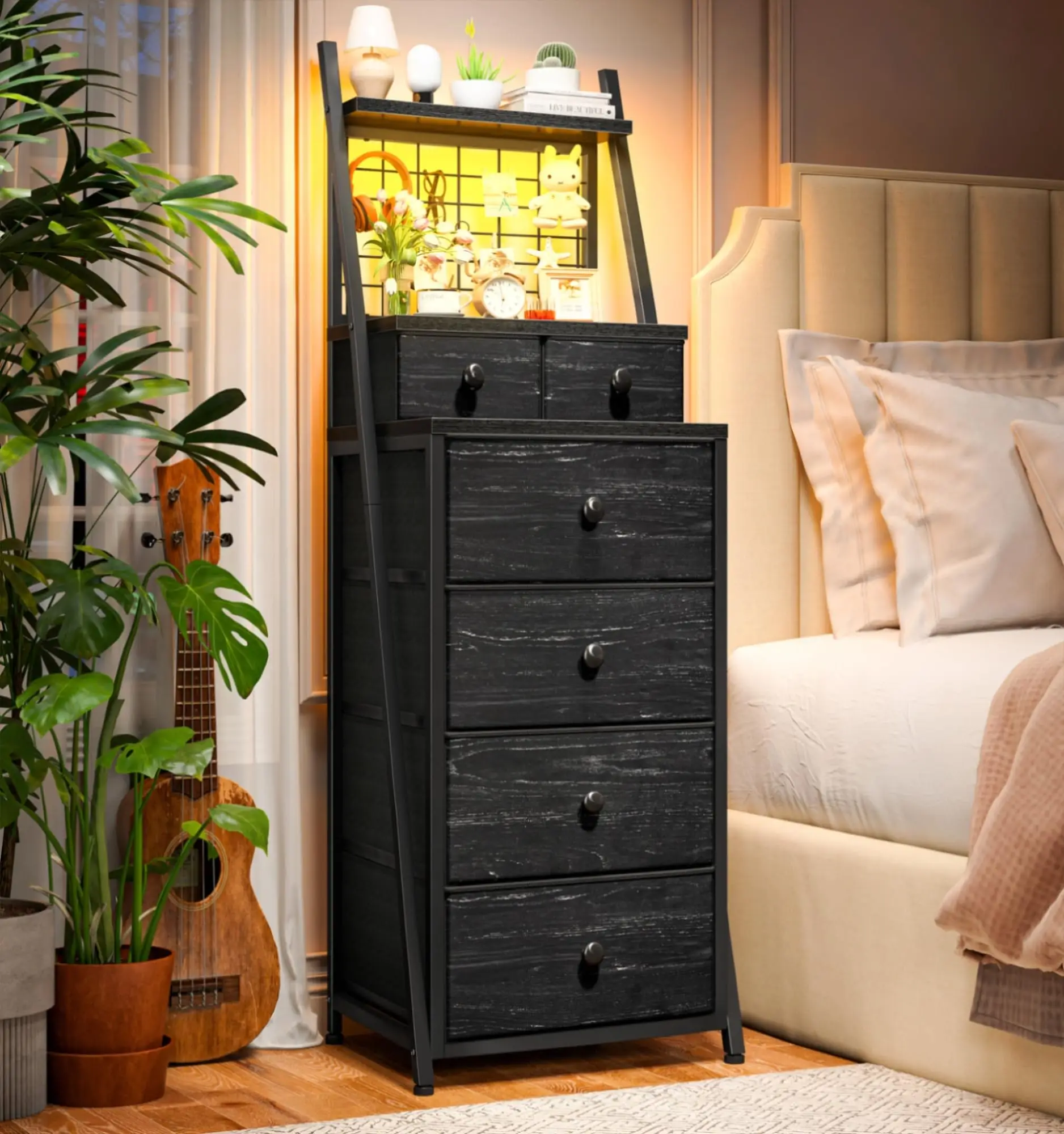 【TikTokShopRestock】Raybee Furniture 51" H Tall Nightstand with 6 Drawers, Modern Design, Steel Frame & Wood Top for Bedrooms, Hallways, Dorms & Entryw