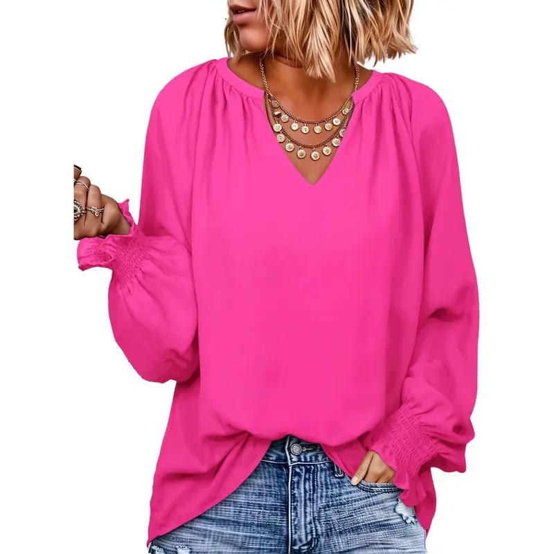 Dokotoo Womens Blouses Dressy Casual Flowy Boho Tops V Neck Long Sleeve Shirts