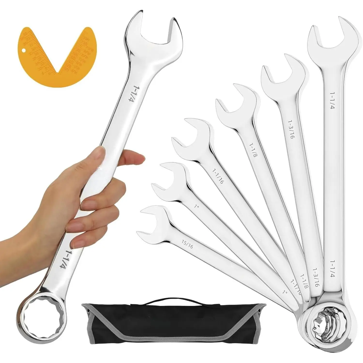 SAE Wrench Set, Large Wrench Set, 7- 15/16", 1", 1-1/16", 1-1/8", /16", 1-1/4" Long Big Open End Wrench Tools Set Roll Up Pouch Organizer with Gauge, 12 Point Combination Wrenches Sets