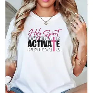 Women's 100% Cotton Holy Spirit Activate Printed T-Shirt - Pink & Black Christian Slogan, Round Neck Shortsleeve Top, Casual Classic Unisex Fit Faith-Focused Streetwear Clothes