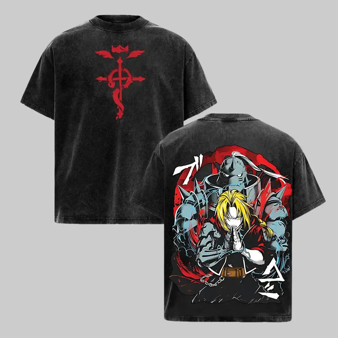 Men's Fullmetal Alchemist Edward & Alphonse Graphic Tee - Retro Vintage Washed, Soft Heavy Cotton, Ribbed Seamless Crew Neck, Oversized Double-Printed Anime Manga Streetwear Top for Otaku Fans, Bf, Baggy, Ribbed Crew, Round Neck