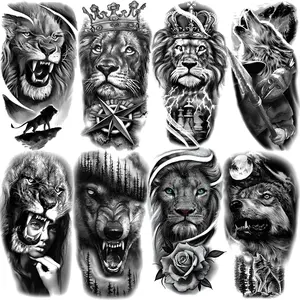 8 Sheets Tribal Wolf Lion Temporary Tattoos, Waterproof Realistic Fake Peel Off Tattoo Stickers for Adults Hand Thighs, Halloween Party Designs