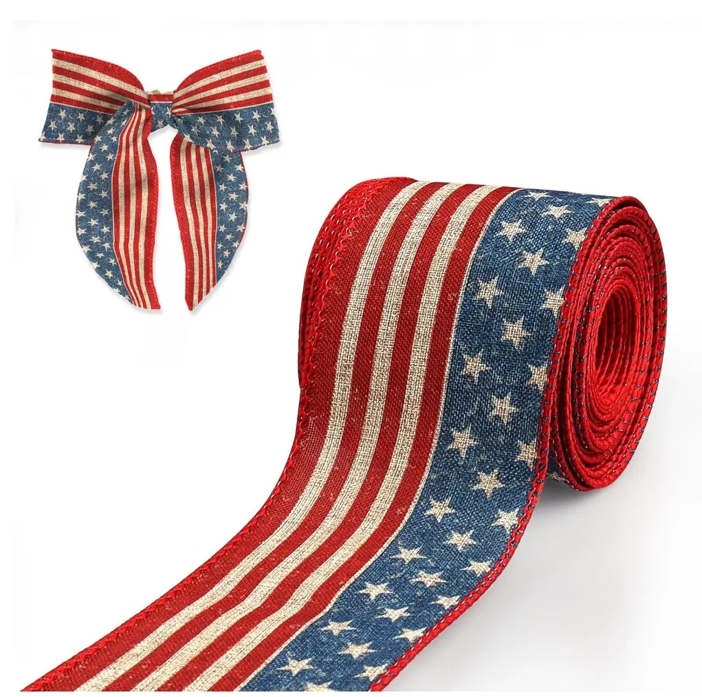 4th of July Ribbon Patriotic Wired Ribbons for Crafts Wrapping Wreath Bows Red White Blue Ribbon Vintage American Flag Ribbons for 250th Anniversary Memorial Day Decoration,2.5''x 10 Yards