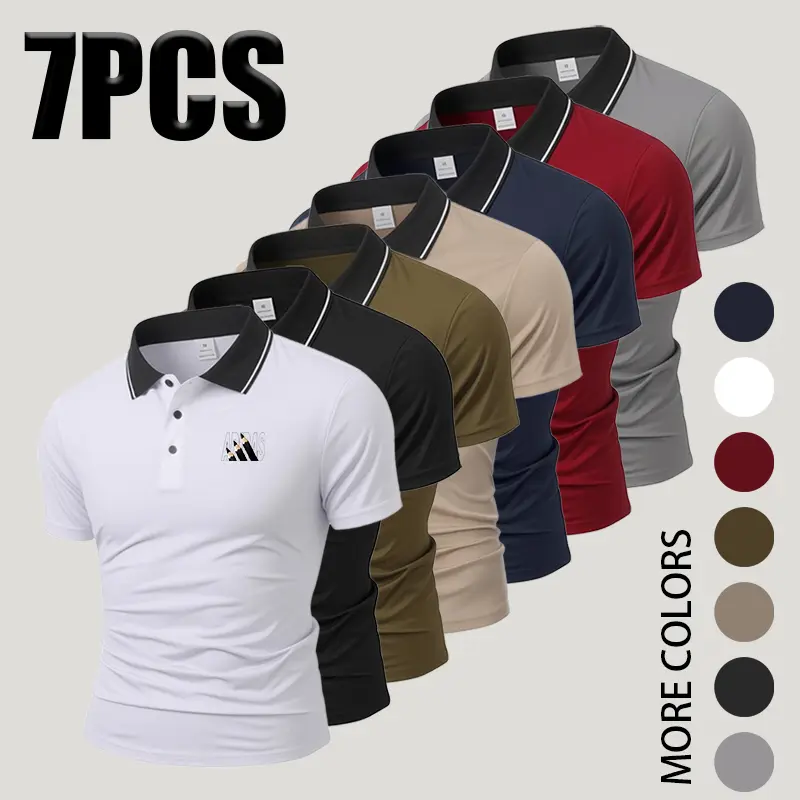 Men’s polo shirt with contrast collar, slim fit, short sleeves; classic, stretchy, soft, breathable; available in multiple colors; basic top for casual, business, golf, and everyday wear; lightweight, quick-drying, comfortable