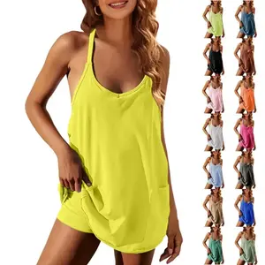 Women's summer sleeveless mini dress with built-in shorts, V-neck spaghetti strap with sports shorts, tennis dress with pocketsRAIMENTRY