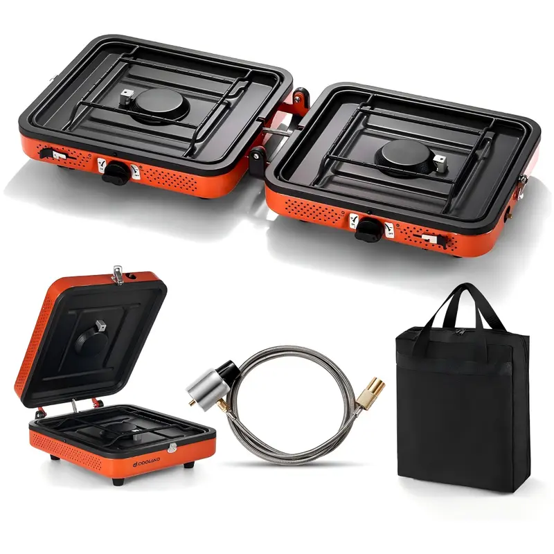 Odoland Portable 2 Burner Camping Stove Propane with Griddle – 17000 BTU Gas Stove Collapsible Backpacking Stove for Indoor Outdoor Cooking Hiking and Picnic