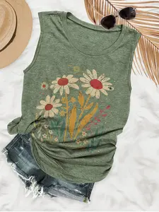 Women's Daisy & Leaf Print Round Neck Casual Floral Sleeveless Tank Top Top for Daily Wear, Ladies Clothes for All Seasons