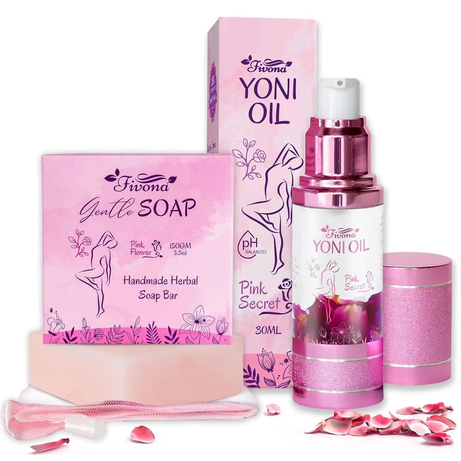 FIVONA Women's 2-in-1 Yoni Care Kit - 30ml Rose Scented Cleansing Oil, 5.3oz Herbal Soap Bar, Foaming Net, pH-Balanced Plant-Based Intimate Cleanser with Chamomile, Co, Avocado, Curcuma Essential Oil, Nourishing Gentle for Adults, No Harmful Additives, Co