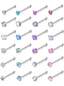 24Pcs 20G Silver Nose Studs Surgical Steel Nose Piercing Jewellery Hypoallergenic Rhinestone Nose Ring Colorful CZ Opal Small Nose Stud Stuf I Shaped/L Shaped Nose Stud Screw Nose Piercing Stud for Women Girls Nose Piercing Jewelry