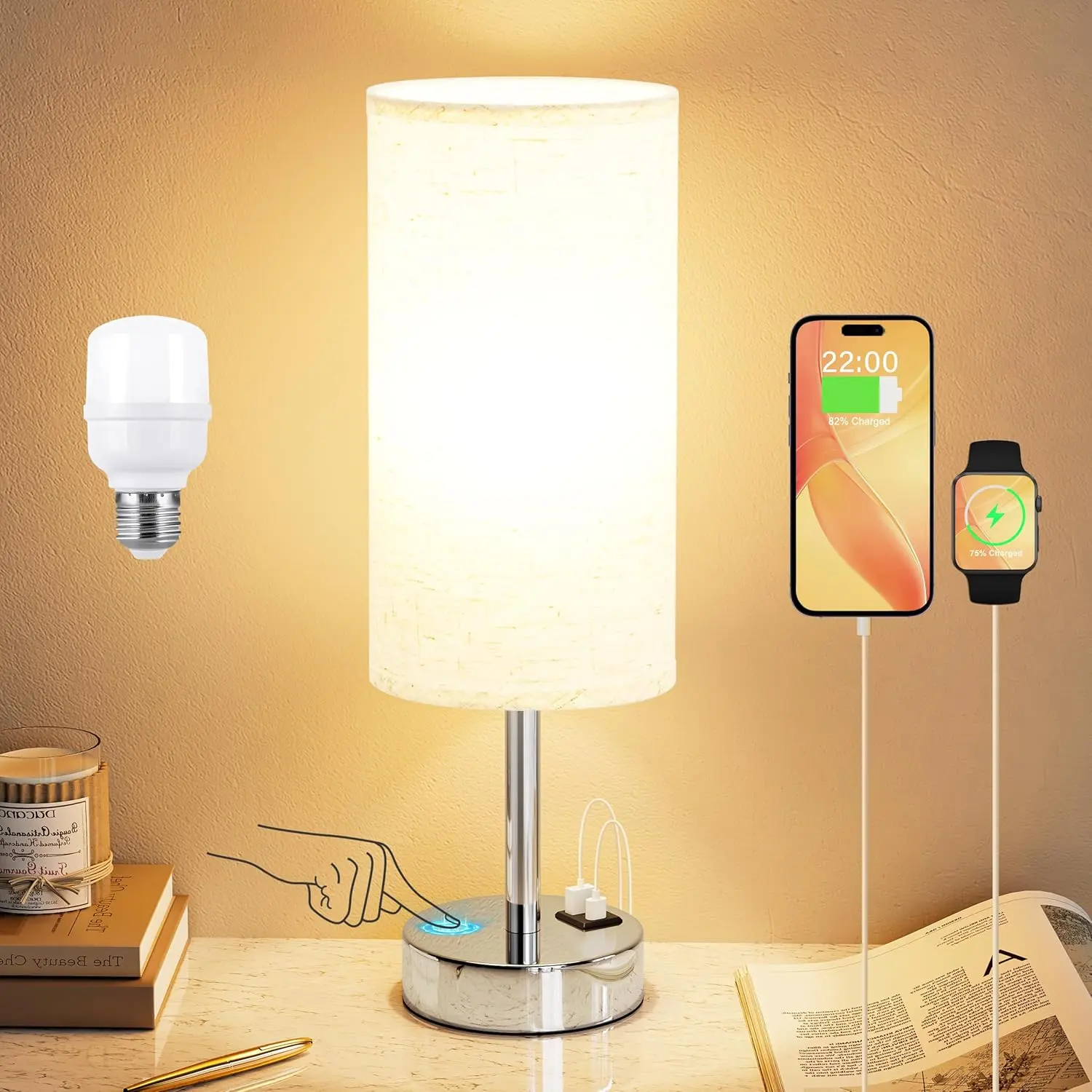 Touch Table Lamp for Bedroom Nightstand - Bedside Lamp with USB-C USB-A Charging Ports White, 3 Way Dimmable Small Desk Lamp for Bedroom, Dorm Room, Office, Living Room, Reading, Bathroom