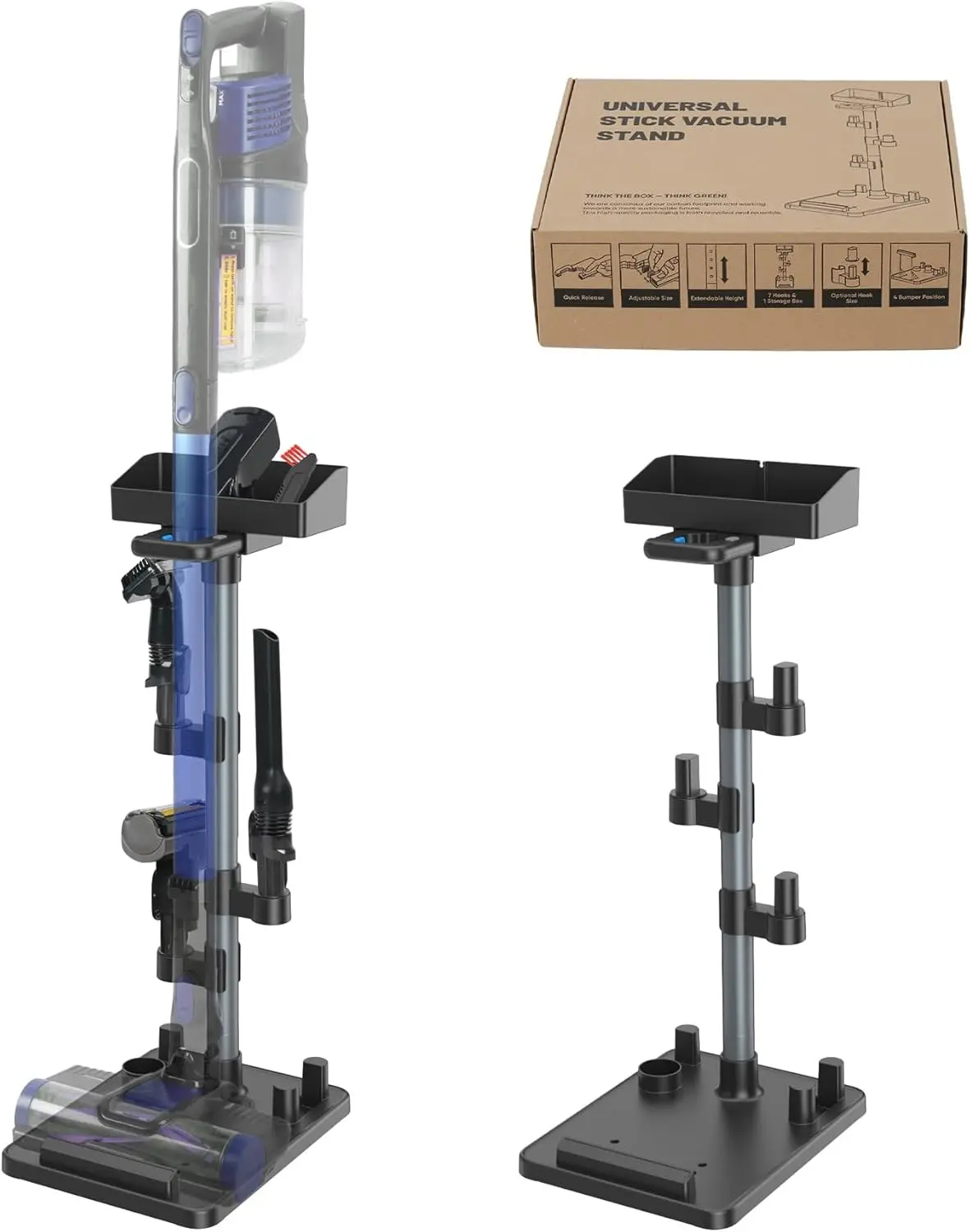 Cordless Vacuum Stand for Stick Vacuum Cleaners, Adjustable Height with 7 Tool Holder and Storage Box, Max 1-4/5 Inch Universal Vac Wand, Black