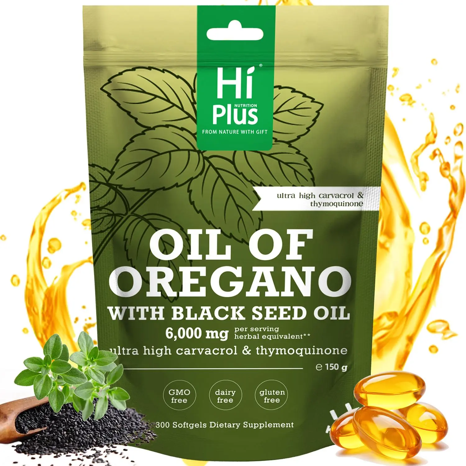 HiPlus Nutrition Oregano Oil with Black Seed Oil Softgels | Immune Support,Antioxidant Boost | with Black Seed Oil & High Carvacrol | Non-GMO, Plant-Based | 300 Count