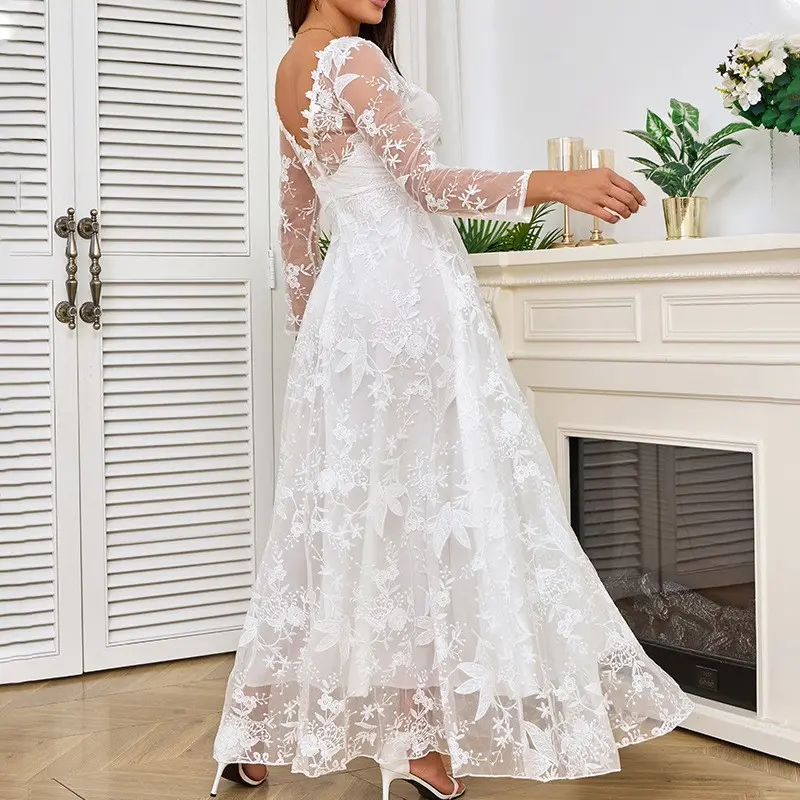 Women's White 1-Shoulder Long-Sleeved Lace Bridal Dress, Solid Womenswear with Elegant Temperament