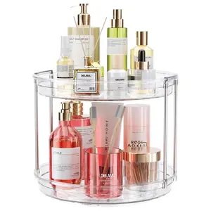 2-Tier Rotating Makeup Organizer, Lazy Susan Perfume Organizer Bathroom Organizer, Spinning Skincare Organizer, Cosmetic Display Case with Brush Holder Perfume Tray, Cosmetic Storage Box, Multi-Function Storage Carousel for Vanity Bathroom Countertop