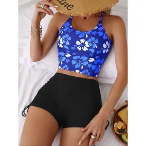 New floral print tankini with adjustable ties, two-piece set for all seasons, sexy fitted swimwear for young women, modest swimwear