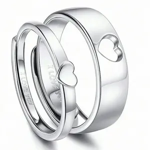 Couples Heart Matching Rings Silver Tone with I Love You Engraving Perfect Gifts for Couples Elegant and Romantic Design