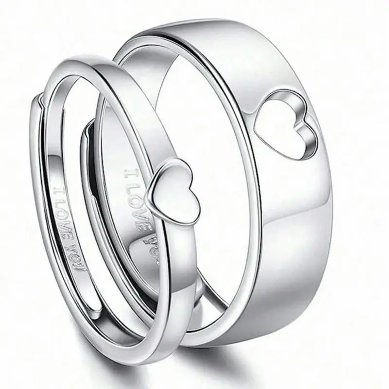 Couples Heart Matching Rings Silver Tone with I Love You Engraving Perfect Gifts for Couples Elegant and Romantic Design