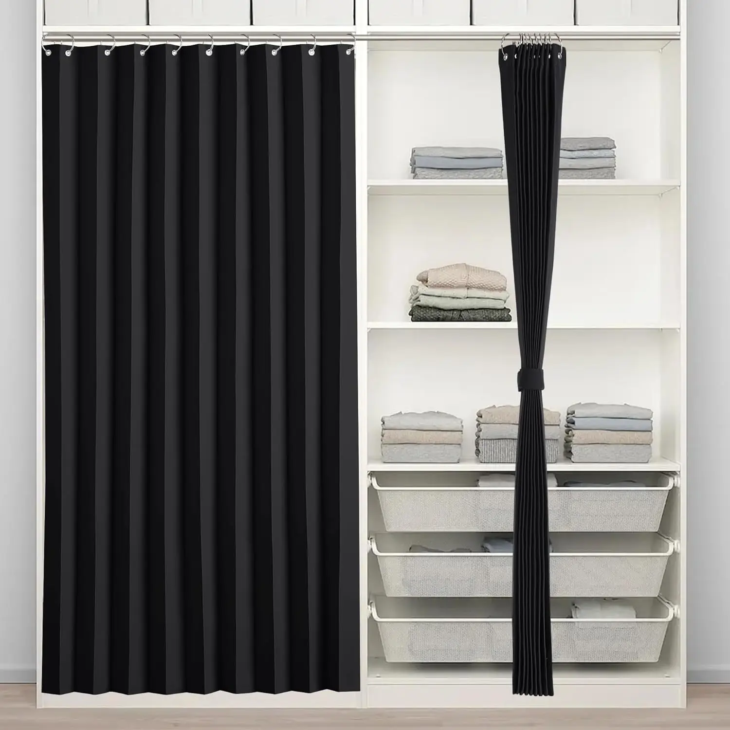 Black Pleated Grommet Blackout Curtains - 1 Panel, W 50 x L 80 in, Accordion-Style Folding for Open Closet Room Divider Doorway, Thermal Soundproof, Machine Washable, Modern Bedroom Soft Furnishing, Pleated Curtains, Grommet Curtains
