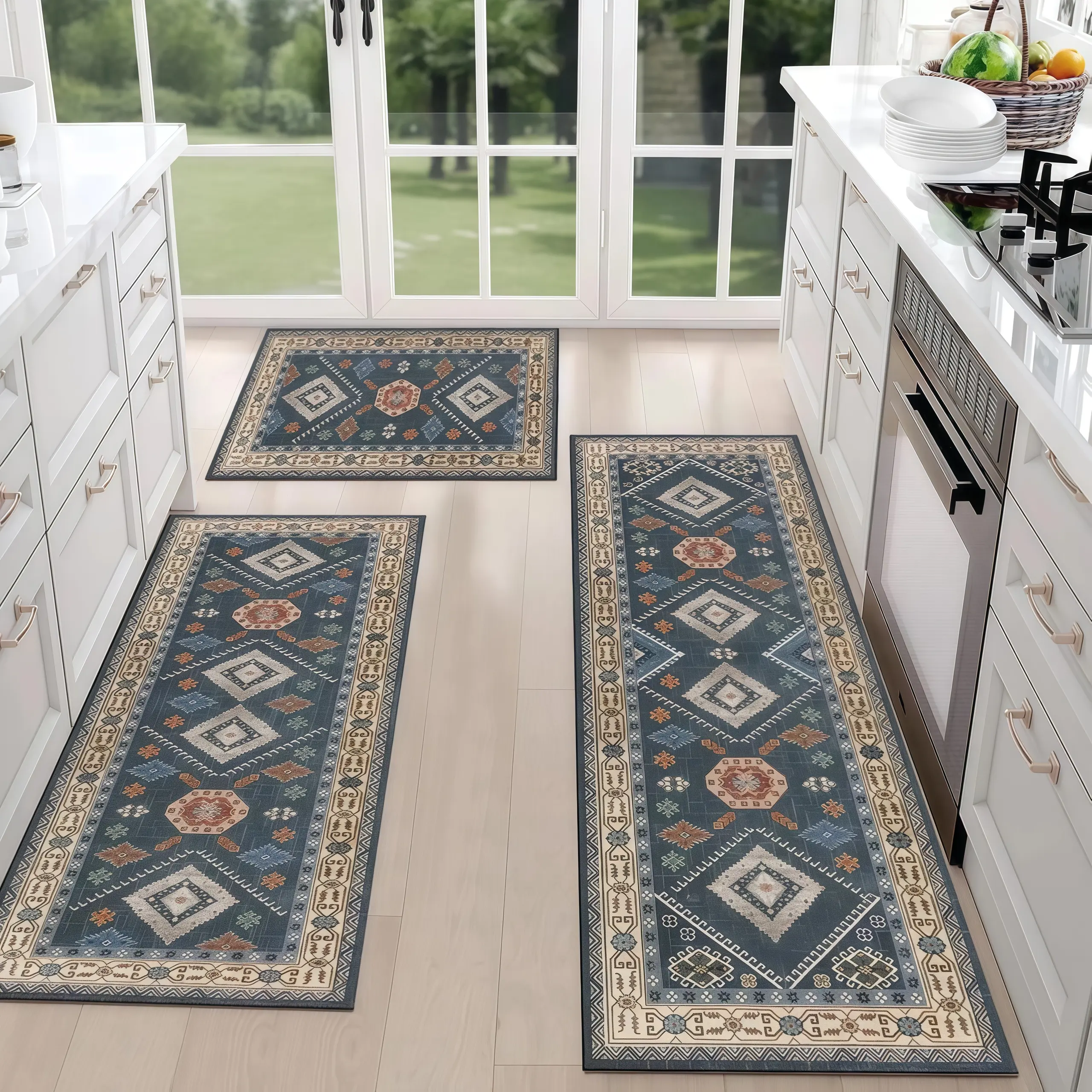 3 Piece Boho Kitchen Rug Set, Soft Flannel Non Slip Floor Mats, Washable Kitchen Runner Mat for Cozy Home Decor